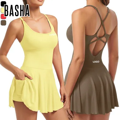 Female Tennis Sport Dress Sleeveless Cross Strap Gym Dress with Shorts Fitness Short Skirt