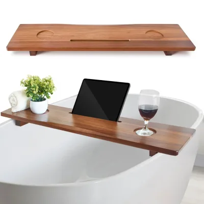 Luxe Premium Acacia Wood Bathtub Tray Caddy 35x9 Inch Large Wooden Bath Tub Board Adjustable Legs Anti-Tipping Decorative Trays