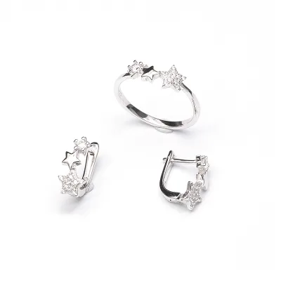 Trendy 925 Sterling Silver Micro Pave Cubic Zirconia Three Star Leverback Huggie Earrings Ring 2Pcs Jewelry Set Women Daily Wear