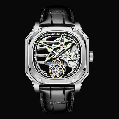 New Design Personality Retro Style Sturdy Tourbillon Mechanical Leather Men's Watch Five-pointed Star Hollow Tourbillon Watch