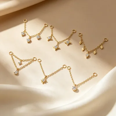S925 Sterling Silver Gold-Plated Zirconia Chain Ear Bridge Accessory Multiple Ear Piercings One-Piece Earrings Women's Trendy