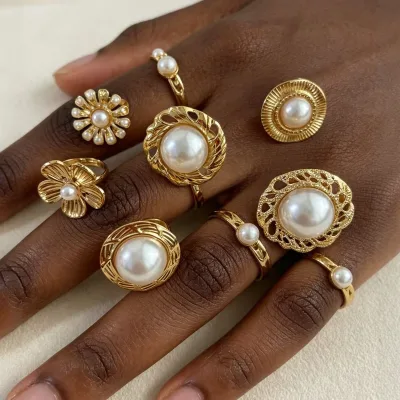 Fashion Women Stainless Steel 18k Gold Plated Flower Pearl Adjustable Ring Waterproof Tarnish Free Women Flower Pearl Ring Gifts