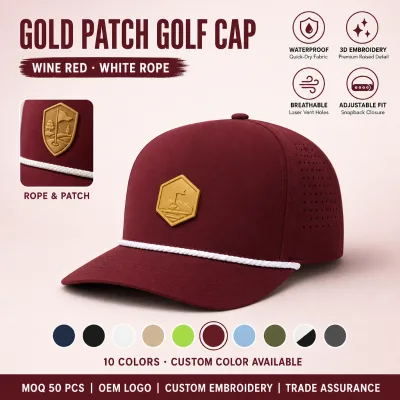 Premium Gift Golf Cap 5 Panel Custom Logo Burgundy Gold Custom Patch Wholesale OEM