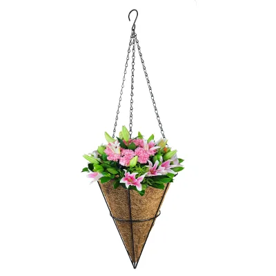 Factory Wholesale Premium Quality 10 Inch Cone Shape Metal Hanging Planter Basket with Coco Coir Liner for Plants, Flowers