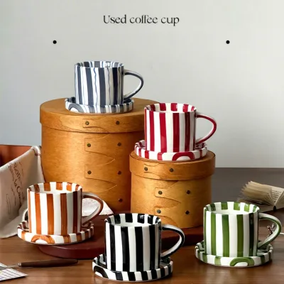 Retro Chic Vertical Striped Ceramic Coffee Mug Cup and Saucer Set for Household Office Hot Beverage Serving Use