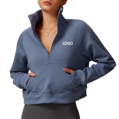 Wholesale High Quality Women's Half Zip Cotton/Polyester Fleece Sweatshirt Pocket Anti-Wrinkle Breathable All Season Streetwear