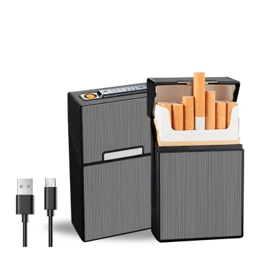 Custom 20-Capacity Aluminium Cigarette Case Magnetic Switch Brushed Metal Finish Square Pattern Logo USB-ConnectedFlip Closure