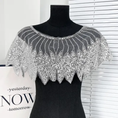 High-end Ethnic-Style Bridal Cape Detachable Sequin Collar Embroidered Silver Front/Back Design for Wedding Dresses Women's