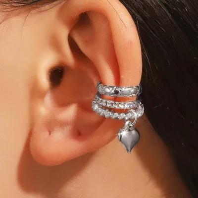 French Vintage Heart Teardrop Chain Ear Cuffs Non-Pierced Multi-Layer Clip on Earrings for Women Elegant Dainty Wrap Ear Jewelry