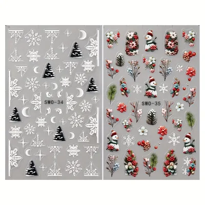 2Pcs Christmas Nail Art Stickers 3D Snowman Tree Floral Designs Decals Christmas Supply for Nails