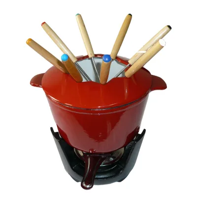 Durable Enameled Cast Iron Fondue Maker Set Heavy Duty Cheese & Meat Fondue Casserole Pot Compatible with All Heat Sources