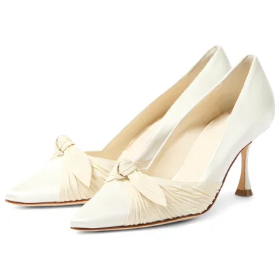 Ivory Bride Wedding High Heel White Bridal Heels Shoes With Bow on Front