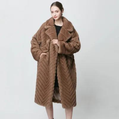 Elegant 2023 New Design Solid Faux Sable Mink Fur Coat Cocoon Loose Style Full Sleeve Single Breasted Faux Mink Fur Coat Natural