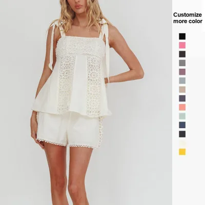 Casual Summer Shirt Set Hollow Out Sleeveless High Waist Pants Embroidered Top 2-Piece Women's Set