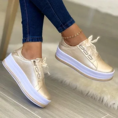 Women's Summer Solid Casual Shoes Large Size European American Style Thick Sole Lace-up Pu Upper Mesh Lining