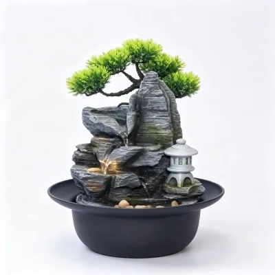 Artificial Pine Bonsai with Rockery and Stone Lantern Zen Garden Tabletop Decor