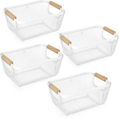 Set 4 Home Organization Cupboards Closets Metal Wire Basket with Wooden Handle Mesh Steel Storage Box