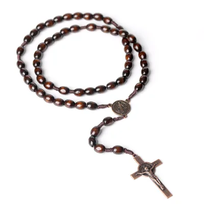 Handmade Wooden Beads Catholic Religious Rosary Necklace Cross Jesus Crucifix Round Antique Saint Benedict Custom Rosaries