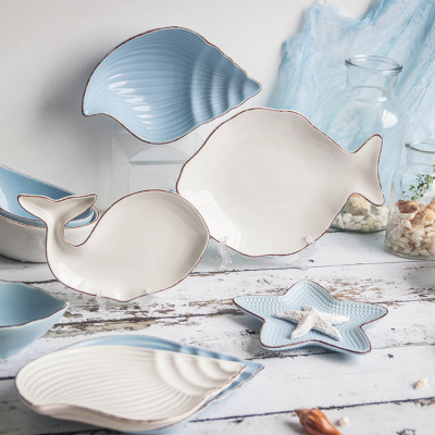 Stoneware Plate Blue and White Custom Durable Porcelain Plate Lovely Star Fish Shape Kitchen Restaurant Scalloped Ceramic Dish