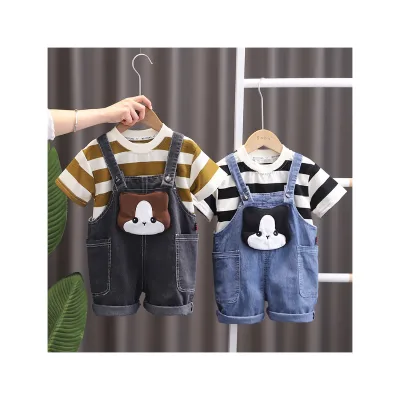 Summer New Striped Short Sleeve Suit Baby Breathable Denim Suspender Shorts Two-piece Set