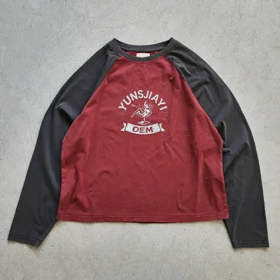 Streetwear Custom Oversized Rib Cotton T-Shirt High Quality Casual Long Sleeve Raglan Contrast T-shirt Manufacturing Company