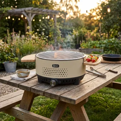 Cream Portable Outdoor BBQ Grill Tabletop Gas Barbecue W/ Side Shelves Knob Control Stainless Steel Smokeless for Home Patio