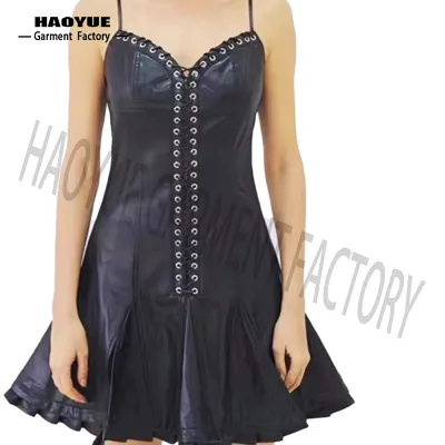 Custom Ladies Little Black Faux PU Leather Mini Pleated Skirt Evening Mini Bandage Bodycon Slit Sexy Short Dress for Women