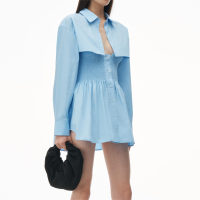 New Summer Sexy Slim Waistband Button Long Sleeved Shirt Women Dress A-line Shirt Pleated Dress
