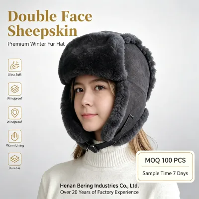 Sample Support Wholesale Factory Custom Double Face Sheepskin Hat Breathable Windproof Women's Adult Winter Warm Ski Trapper Hat