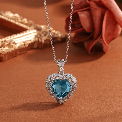Hot Sale New Silver Plated Heart Pendant Necklace Blue Zircon Heart Collarbone Chain Necklaces