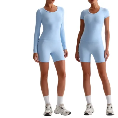 Aoyema Women's Outdoor Running Blend Fitted T Shirt and Shorts Quick-Dry Fitness Tight Brushed Yoga Shorts Set for Sports Wear