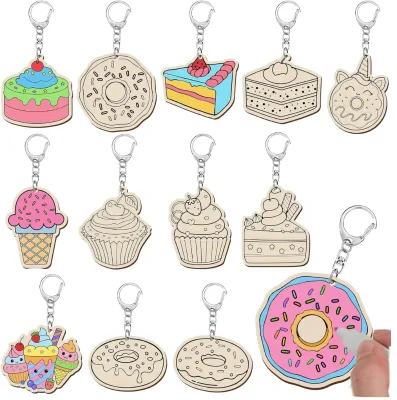 Trnayi 36-Piece Eco-Friendly Wooden Keychains DIY Coloring Craft Kits with Donut Ice Cream Cupcake Designs-Birthday Party Favors