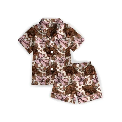 Custom Bamboo Pajamas 2pcs Set Short Sleeve Lapel Sleep Floral Cowgirl Summer Sleepwear Girl Sleep Set Loungewear PJs