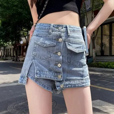 Edgy Button Front A-Line Vintage Casual Denim Skort for Women Streetwear Y2K Style High Waisted Faux Wrap Mini Skirt Shorts