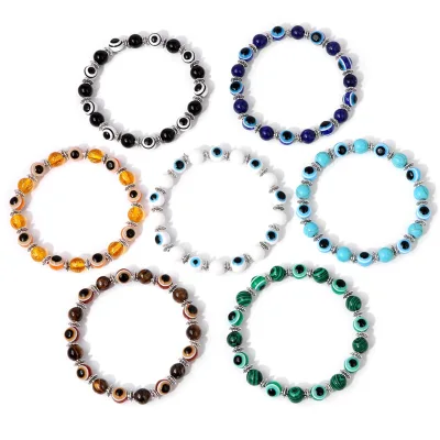 Handmade Classic Style Turkish Evil Eyes Nazar Bracelet 8mm Natural Tiger Eye Ball Beads Good Luck Religious Fashion Gift