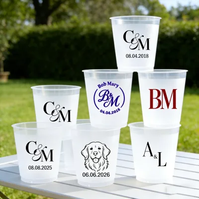 Single Wall Disposable Pet Plastic White Cups 12 oz 16oz Durable Drink Cup With Lid for Iced Coffee Smoothie Juice Print Wedding