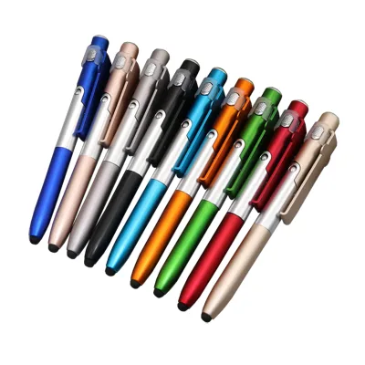 4-in-1 Multifunctional Plastic Pen LED Light Folded Phone Holder for Screen Black/Blue Ink Custom Logo