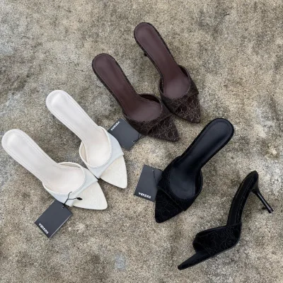Lace Printed French Style Pointed Toe Open Toe Slip-On Sandals Thin Heel Rubber Sole Heightening Women's Summer Elegant