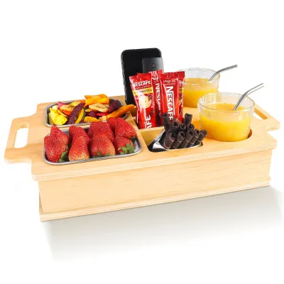 Wooden Organizer Tray with Stainless Steel for Cup Drink Storage Anti-Spill Sofa Cup Holder for Phone Snacks Beverage Remote