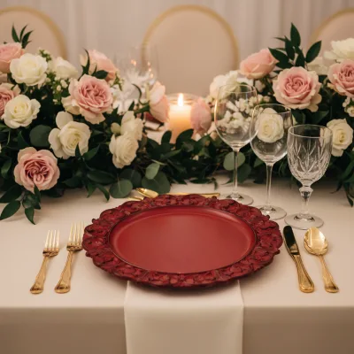 Gifturbo 13" Antique Red Durable Plastic Charger Plate Set 6 Chargers Embossed Rims On-glazed Christmas Wedding Elegant
