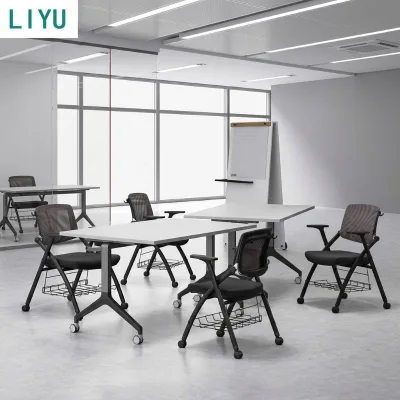 LIYU Contemporary High-Density Mesh Adjustable Height Folding Training Chair Writing Tablet Storage Basket Mobile Nesting Hotel