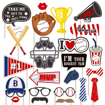 24pcs Baseball Party Decorations Photo Booth Props Sports Party Decorations Boy Birthday Party Handheld Props