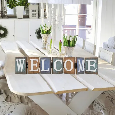 Wooden Welcome Sign Engraved Modern Decorative Letters Separate Letter Center Folding Tabletop Shelf Christmas Decoration