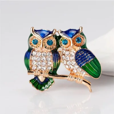 Korean Fashion Double Enamel Owl Brooches Luxury Full Rhinestone Zirconia Animal Bird Brooch Pin for Women Clothing Accessories