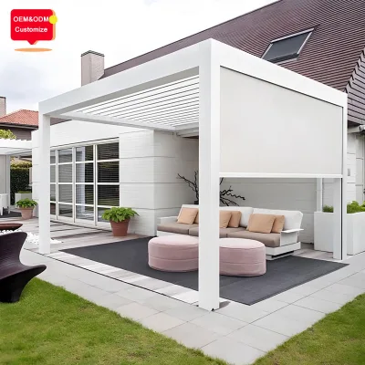 White Color 6 Meter by 5 Meter Aluminium Pergola with Louvred Roof and Electric Blinds to the UK