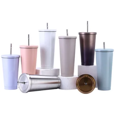 Insulated Tumbler Cup with Straw Lid and Flip Lid Reusable Stainless Steel Water Bottle
