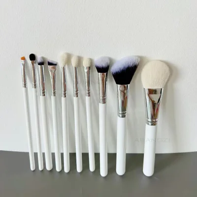 10pcs Private Label High End White Makeup Brushes. Real Hair Make up Brushes Tapered Goat Hair Stippling Make-up Tool Softly