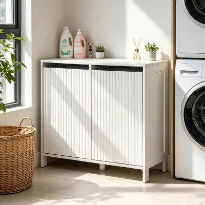 White Fluted Door Wood Laundry Hamper Cabinet Freestanding Closed Clothes Storage Basket Elevated Legs Bathroom Bedroom Laundry