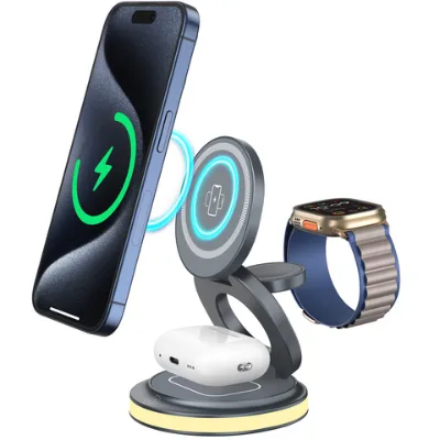 Folding 15W Folding Fast Charging Station Multifunction Night Light 3 in 1 One Holder Wireless Phone Charger