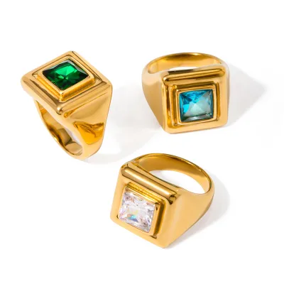 New Design Non Tarnish Stainless Steel Square Zircon Minimalist Jewelry 18K Gold Plated Rings for Women